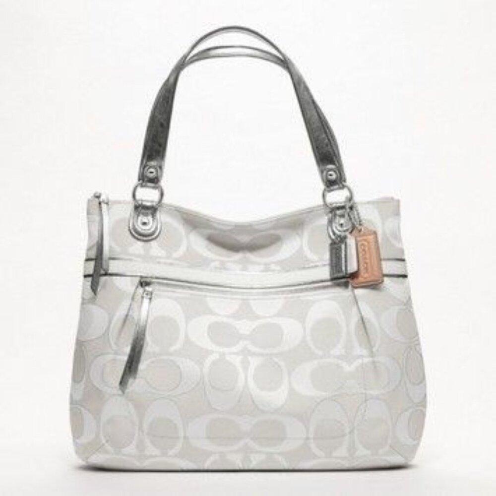 Euc Rare Coach Glam Signature White Cream Metallic Silver Tote Bag Purse